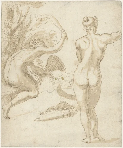 Venus, Amor en een naakte figuur by Unknown, drawing, 1583-1638