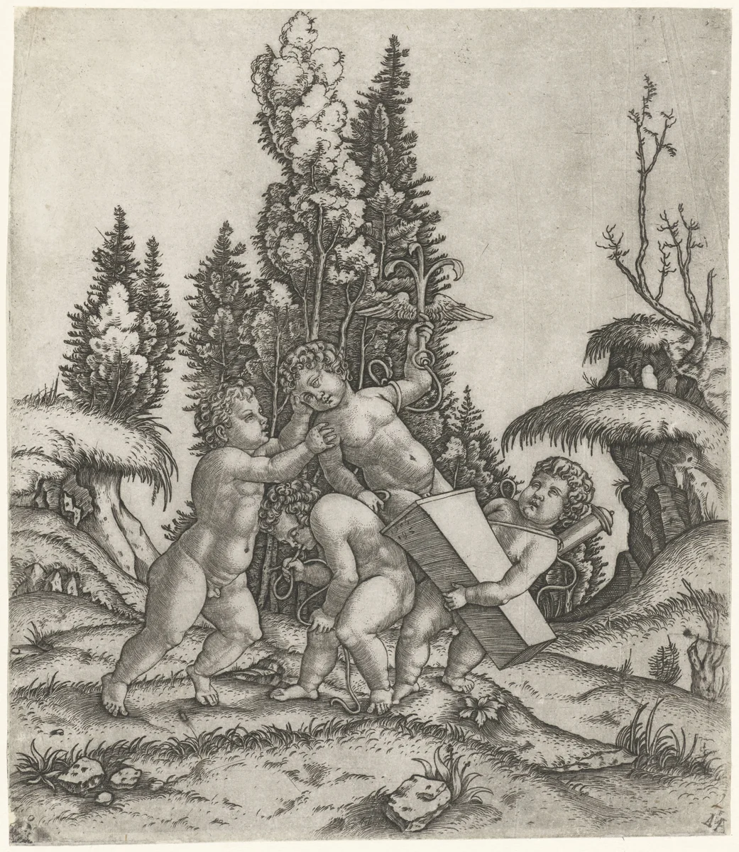 Amor en twee putti of kinderen dragen beeld van putti met gevleugeld anker op sokkel by Unknown, print, 1506-1530
