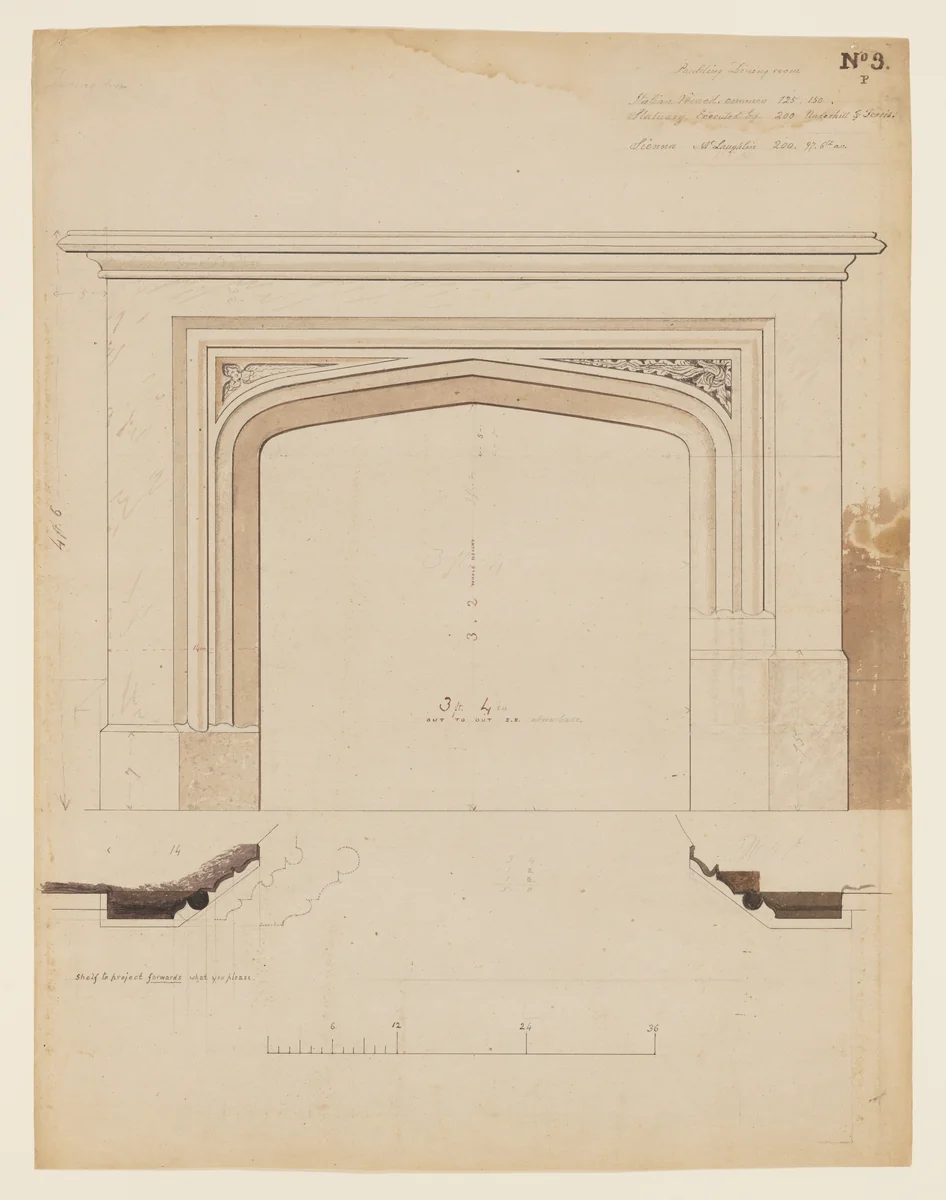 Technical Drawing of a Fireplace Mantel for Knoll (now Lyndhurst), Tarrytown, New York by Alexander Jackson Davis, drawing, 1839
