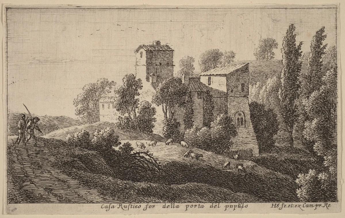 Farm beyond the Porta del Popolo by Herman van Swanevelt, print, 1600-1655