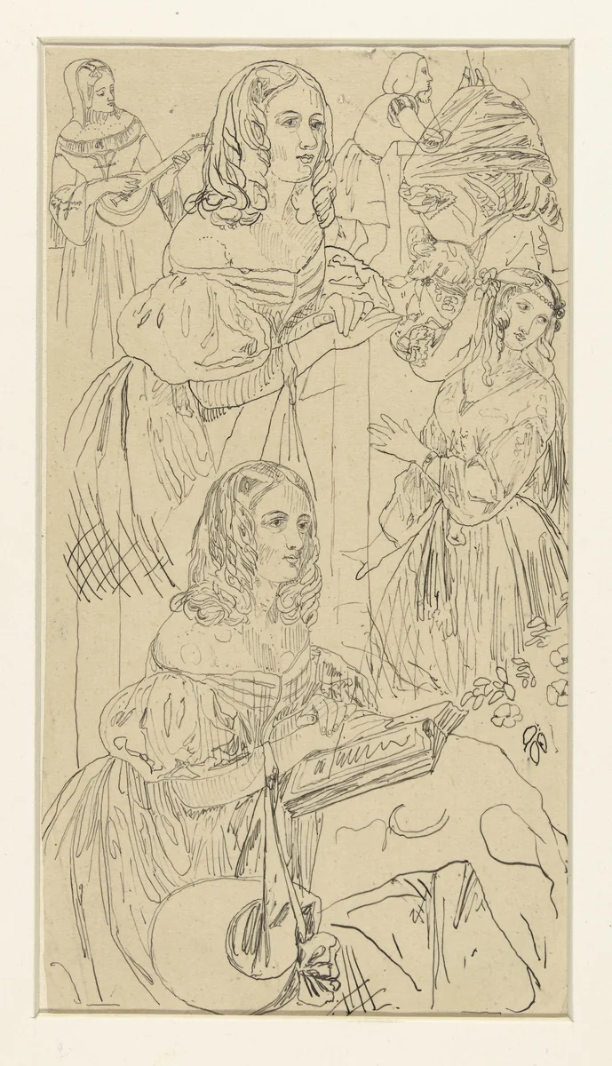 Studieblad met vrouwenfiguur in 19e eeuws costuum, en andere figuren by Rodolphe Bresdin, drawing, 1832-1885
