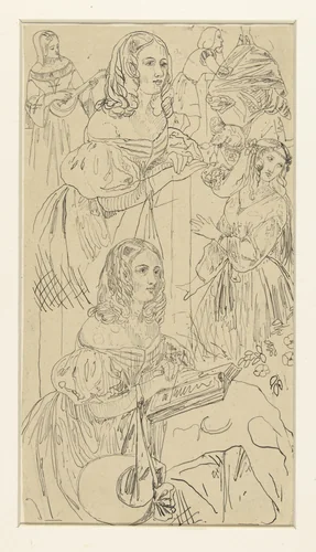Studieblad met vrouwenfiguur in 19e eeuws costuum, en andere figuren by Rodolphe Bresdin, drawing, 1832-1885
