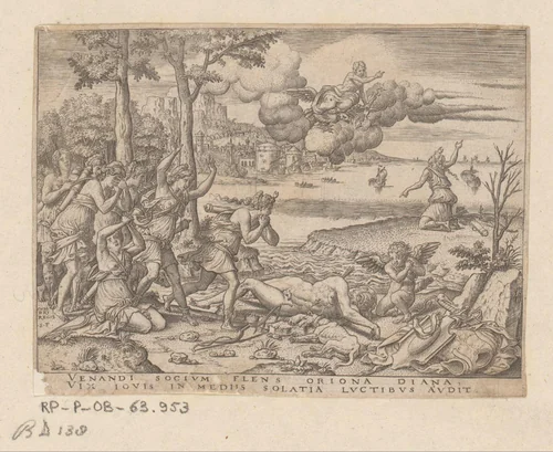 Diana beweent de dood van Orion by Unknown, print, 1547-1548