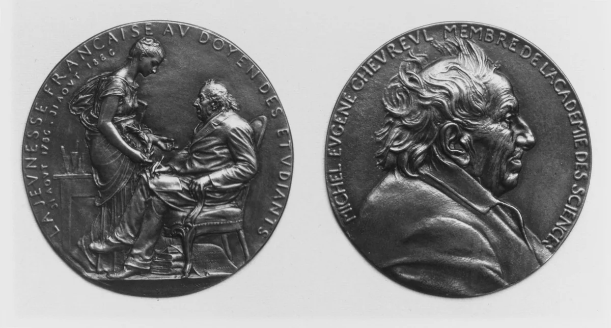 Commemorating the 100th Birthday of M. Michel Eugène Chevreul (1786–1889), French Chemist and Member of the Academy of Sciences by Louis-Oscar Roty, metalwork, 1886