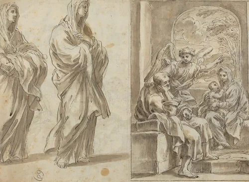 Two Draped Female Figures; Rest on the Flight into Egypt [verso] by Angelo Marullo, drawing, 1630-1710