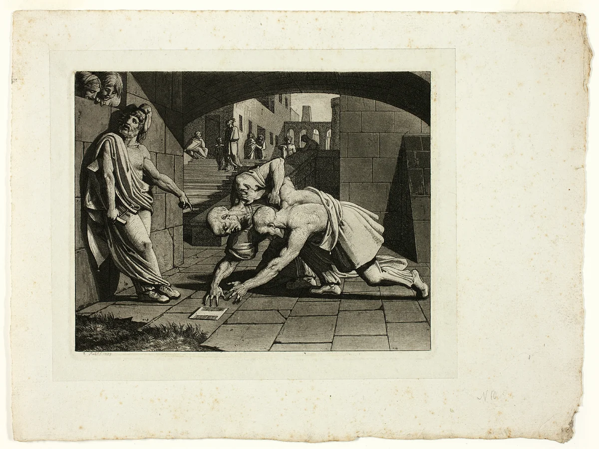 The Two Bald Men Fighting Over a Comb by Carl Russ, print, 1809
