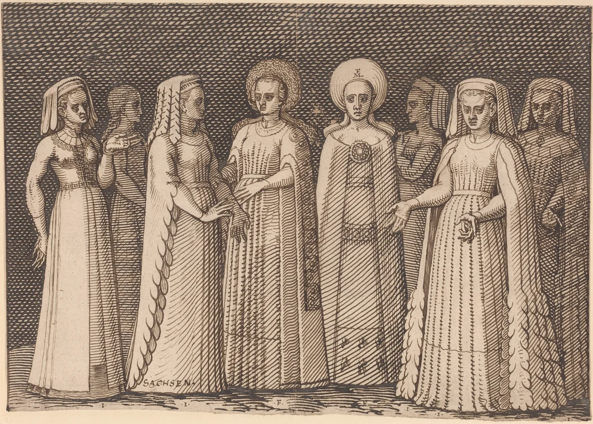 Eight Ladies in Ancient Costumes by Melchior Lorch, drawing, 1567-1573