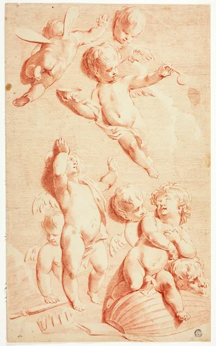 Seven Putti at Play with Symbols of Vanity by Adriaen van der Werff, drawing, 1679-1750