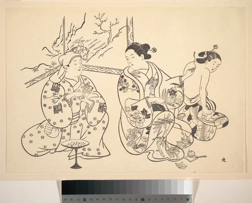 An Oiran Seated in a Parlor Applies the Fire Treatment to the Bared Back of Another Woman by Okumura Masanobu (奥村政信), print, 1868-1912