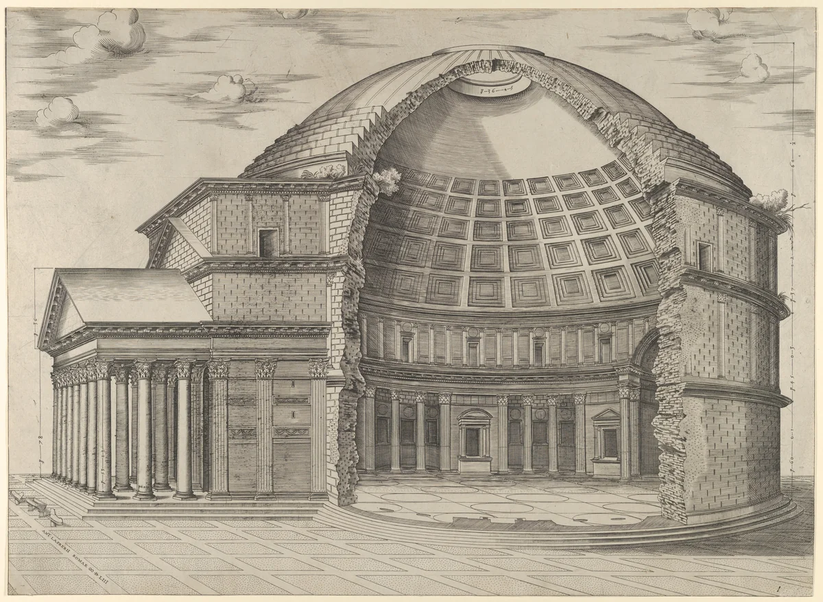 Reconstruction of the Pantheon in Rome, seen from the side, cut away to reveal the interior by anonymous, print, 1553