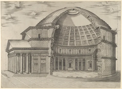 Reconstruction of the Pantheon in Rome, seen from the side, cut away to reveal the interior by anonymous, print, 1553