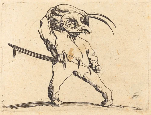 Masked Man with Twisted Feet by Jacques Callot, print, 1622