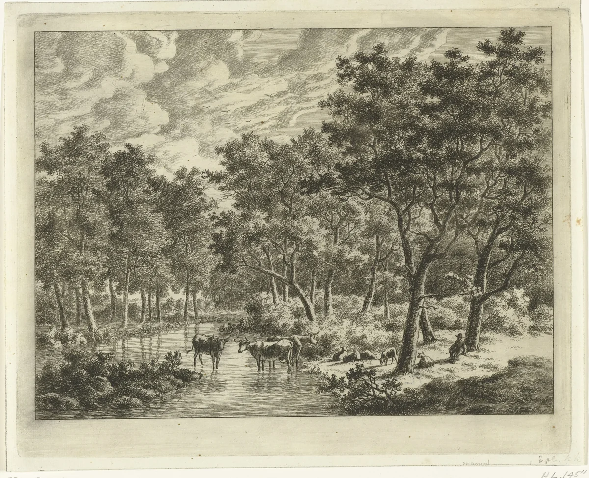 Landschap met drie koeien in een plas, rechts leunt een herder tegen een boom by Ernst Willem Jan Bagelaar, print, 1798-1837