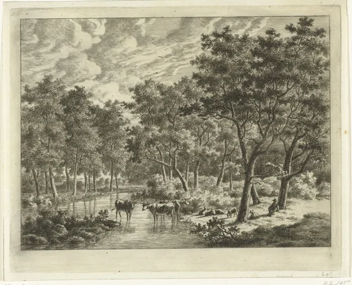 Landschap met drie koeien in een plas, rechts leunt een herder tegen een boom by Ernst Willem Jan Bagelaar, print, 1798-1837