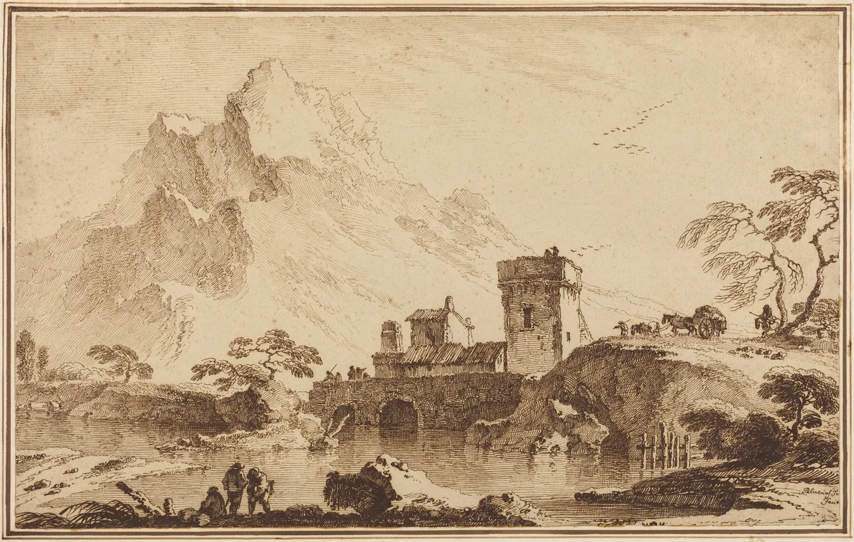 Fortified Bridge against Distant Mountains by Pietro Giacomo Palmieri, drawing, 1760