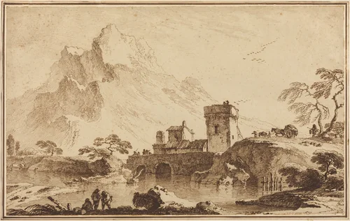 Fortified Bridge against Distant Mountains by Pietro Giacomo Palmieri, drawing, 1760