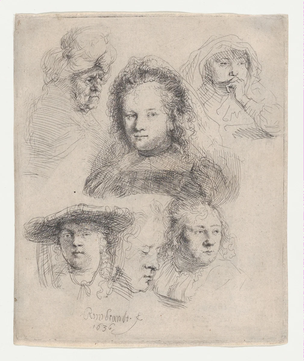 Studies of the Heads of Saskia and Others by Rembrandt van Rijn, print, 1636