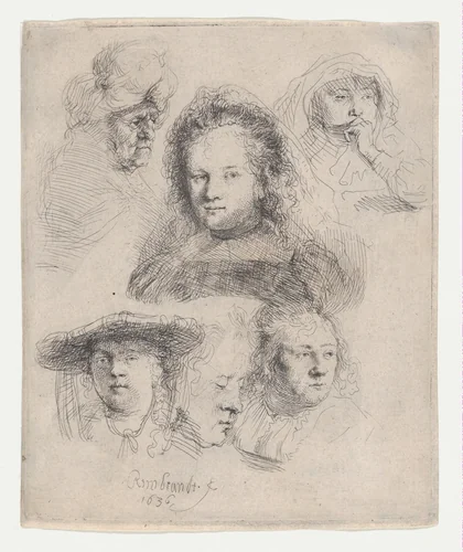 Studies of the Heads of Saskia and Others by Rembrandt van Rijn, print, 1636