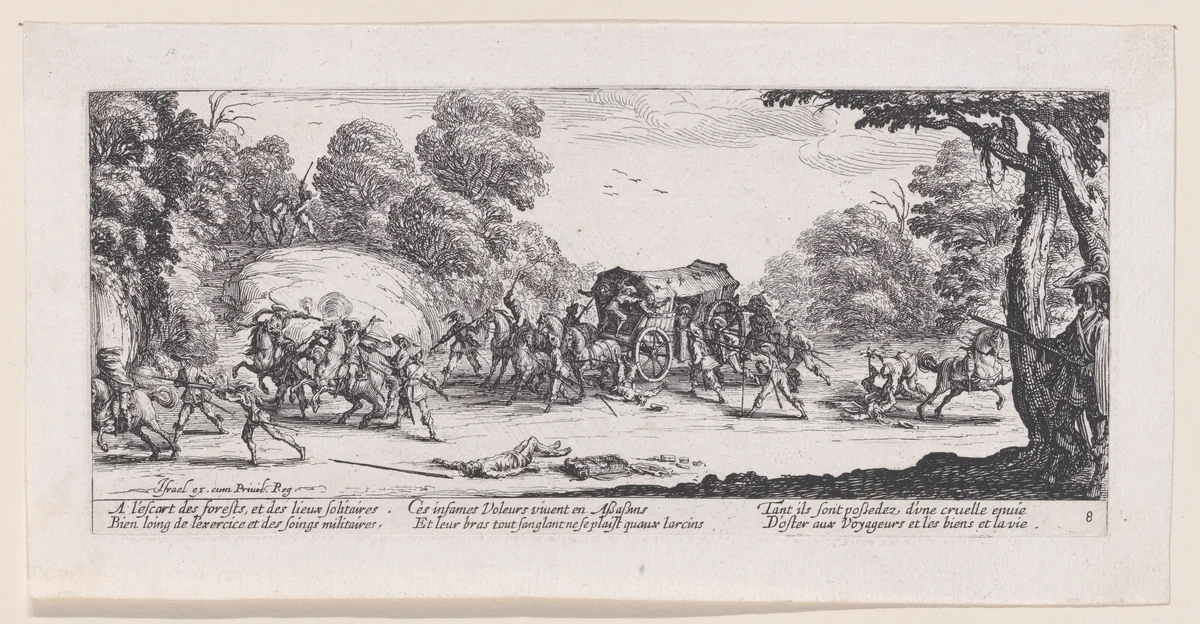 L'Attaque de la Diligence (The Attack of the Stagecoach), from Les Misères et les Mal-Heures de la Guerre (The Miseries and Misfortunes of War), plate 8 by Jacques Callot, print, 1633