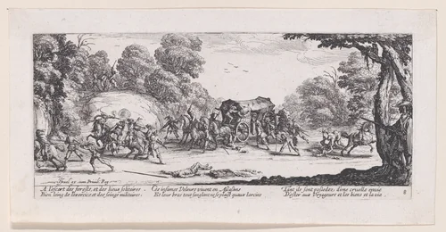 L'Attaque de la Diligence (The Attack of the Stagecoach), from Les Misères et les Mal-Heures de la Guerre (The Miseries and Misfortunes of War), plate 8 by Jacques Callot, print, 1633