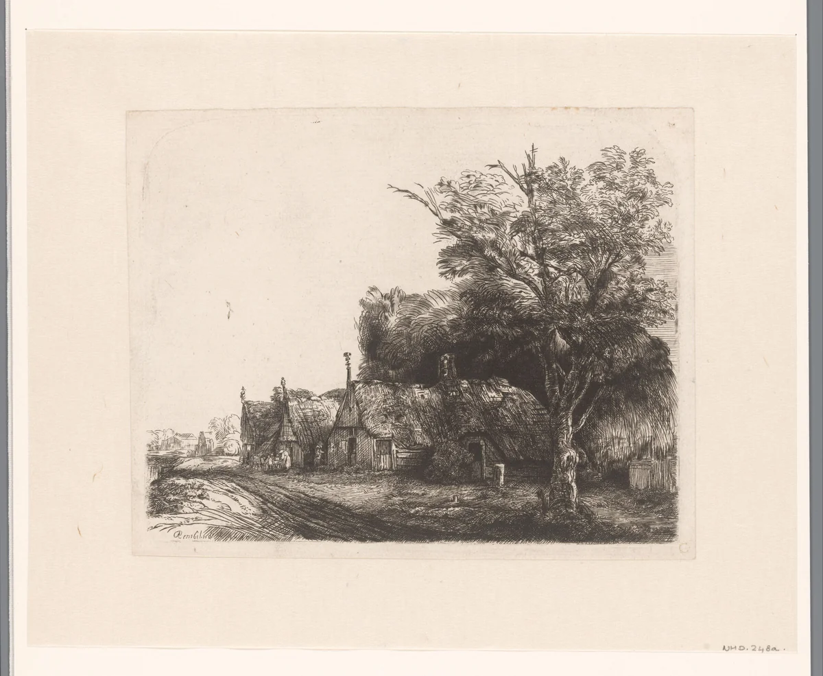 Landscape with three gabled cottages beside a road by James Bretherton, print, 1750-1775