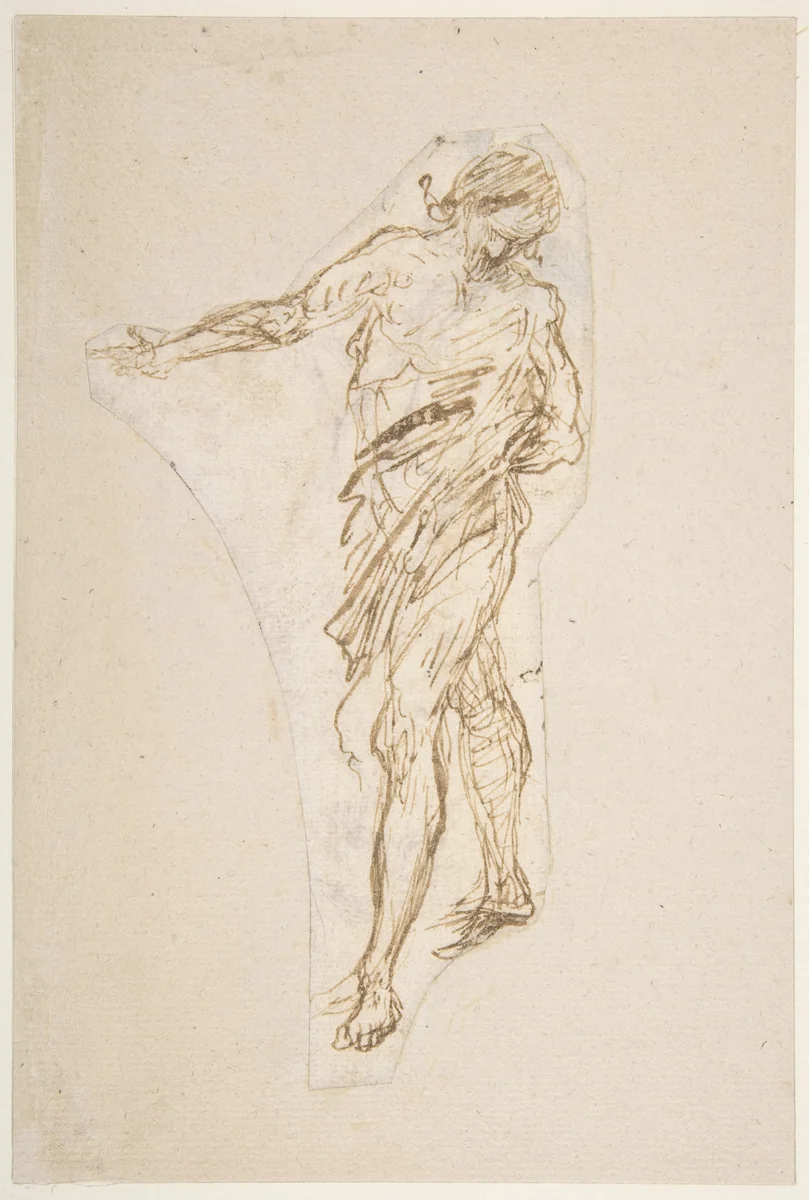 Standing Male Figure with Right Arm Extended (recto); Seated Male Figure (verso) by Romulo Cincinnato, drawing, 1540-1597