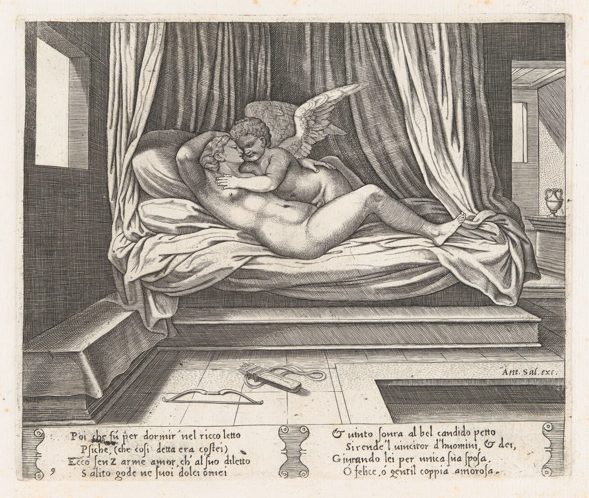 Plate 9: Cupid and Psyche on a bed, from "The Story of Cupid and Psyche as told by Apuleius" by Master of the Die, print, 1530-1560