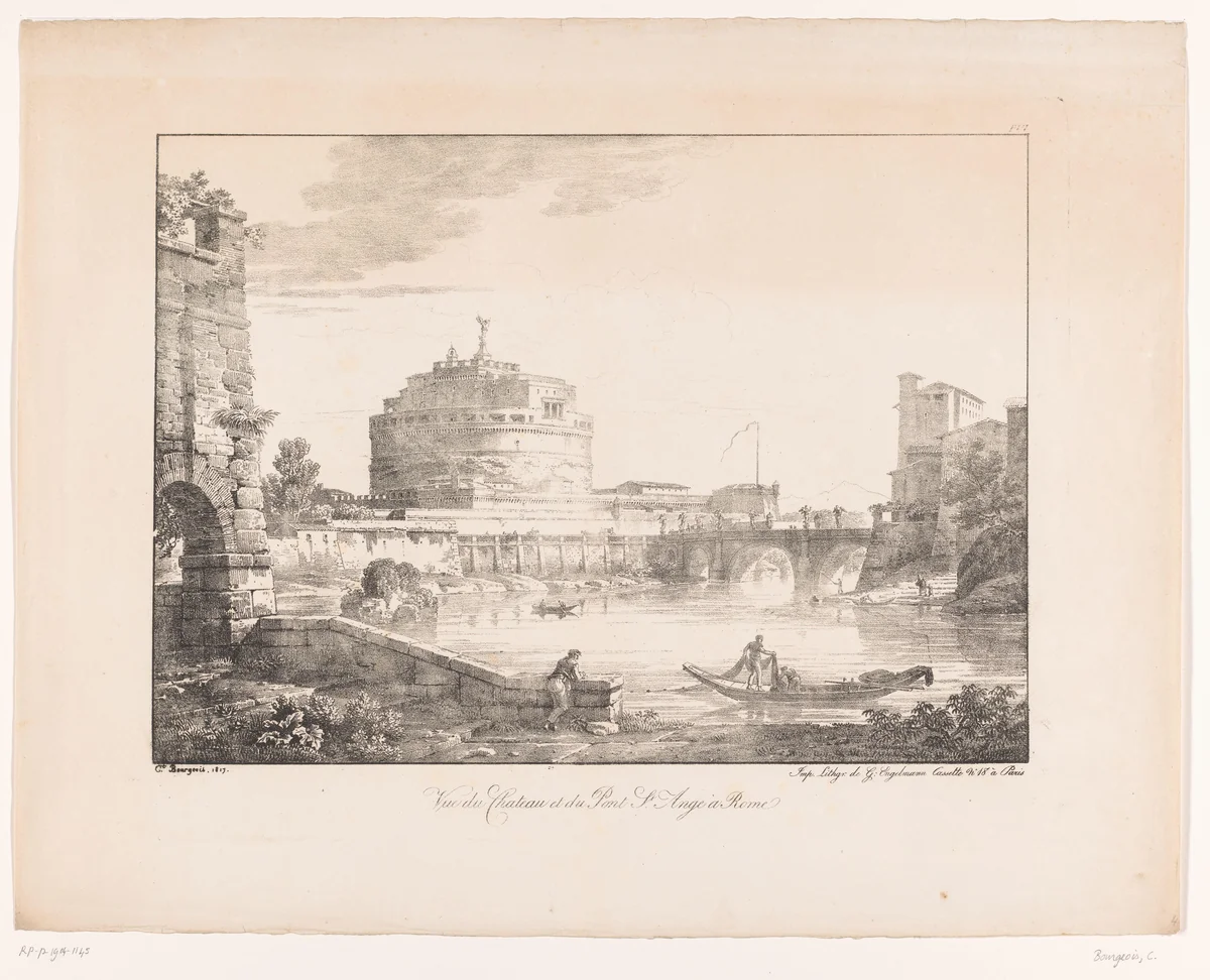 Zicht op de Engelenburcht met de Engelenbrug te Rome by Constant Bourgeois, print, 1817
