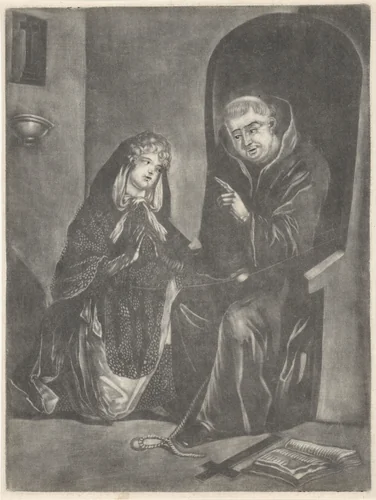 Jonge vrouw biecht bij een priester by anonymous, print, 1650-1800