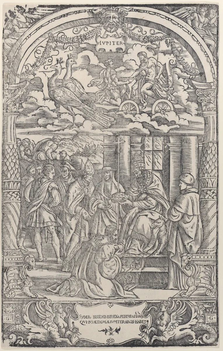 Jupiter in a Chariot Drawn by Two Peacocks above, a king being crowned by a Pope below, from 'The Seven Planets' by Girolamo Grandi, print, 1533