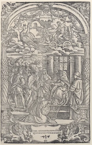 Jupiter in a Chariot Drawn by Two Peacocks above, a king being crowned by a Pope below, from 'The Seven Planets' by Girolamo Grandi, print, 1533