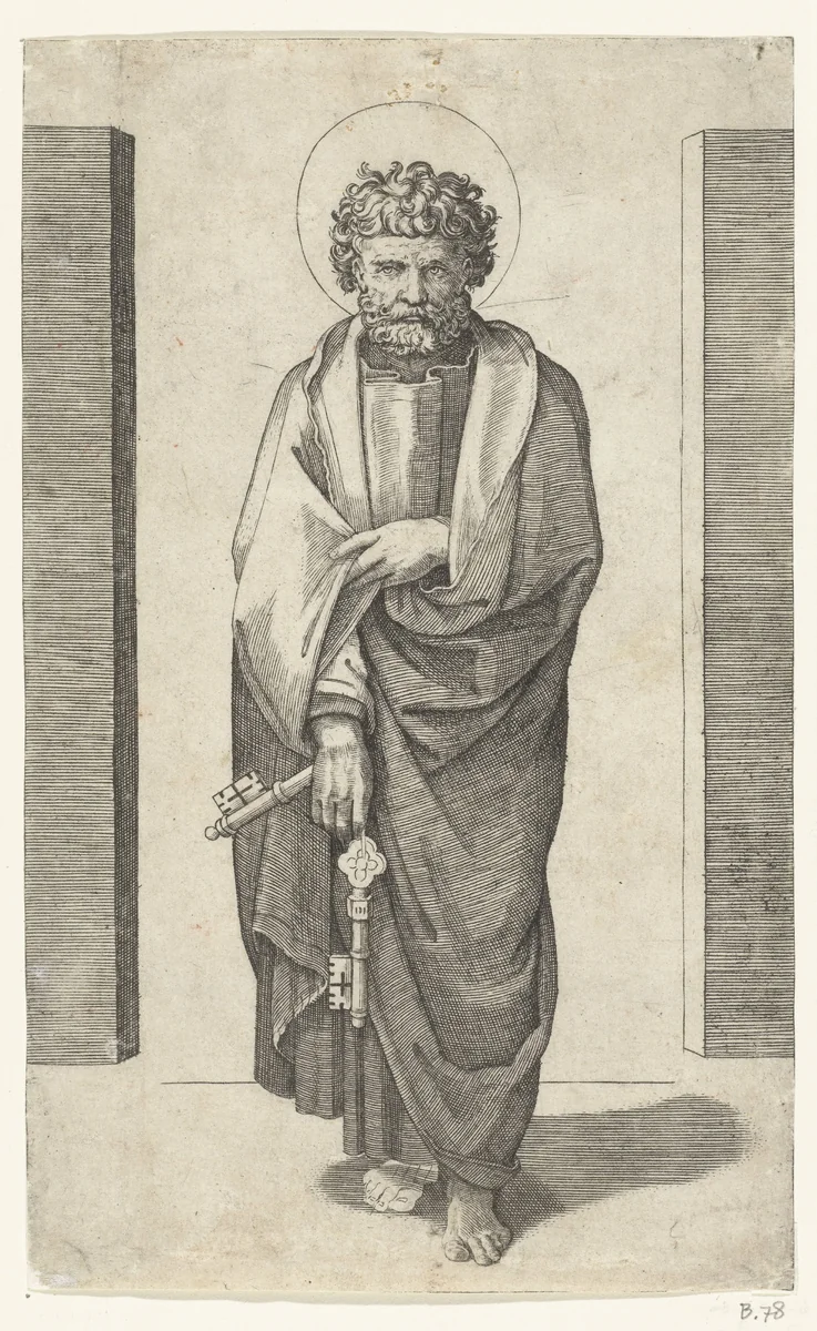 Apostel Petrus met sleutels by Marcantonio Raimondi, print, 1517-1527