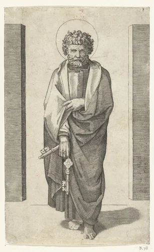 Apostel Petrus met sleutels by Marcantonio Raimondi, print, 1517-1527