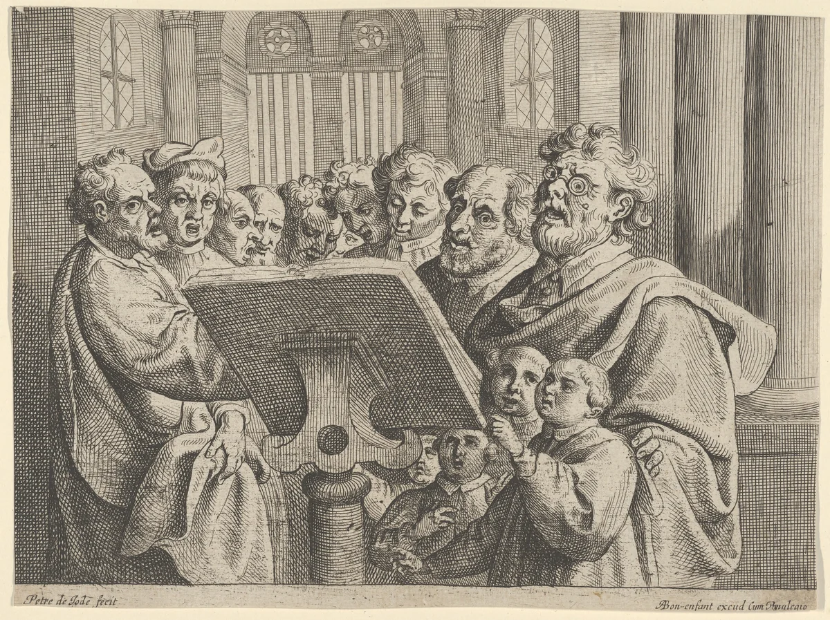 Ten Men and Four Boys Singing in a Church by Pieter de Jode II, print, 1600-1699
