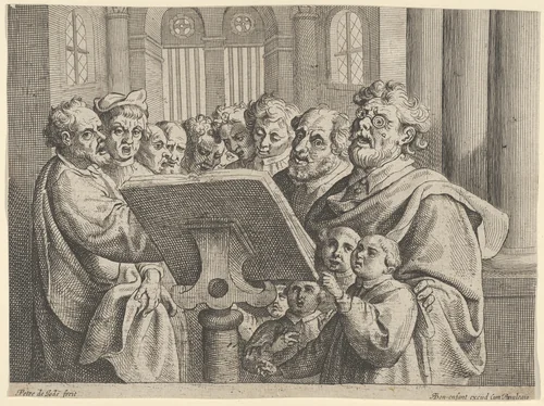 Ten Men and Four Boys Singing in a Church by Pieter de Jode II, print, 1600-1699