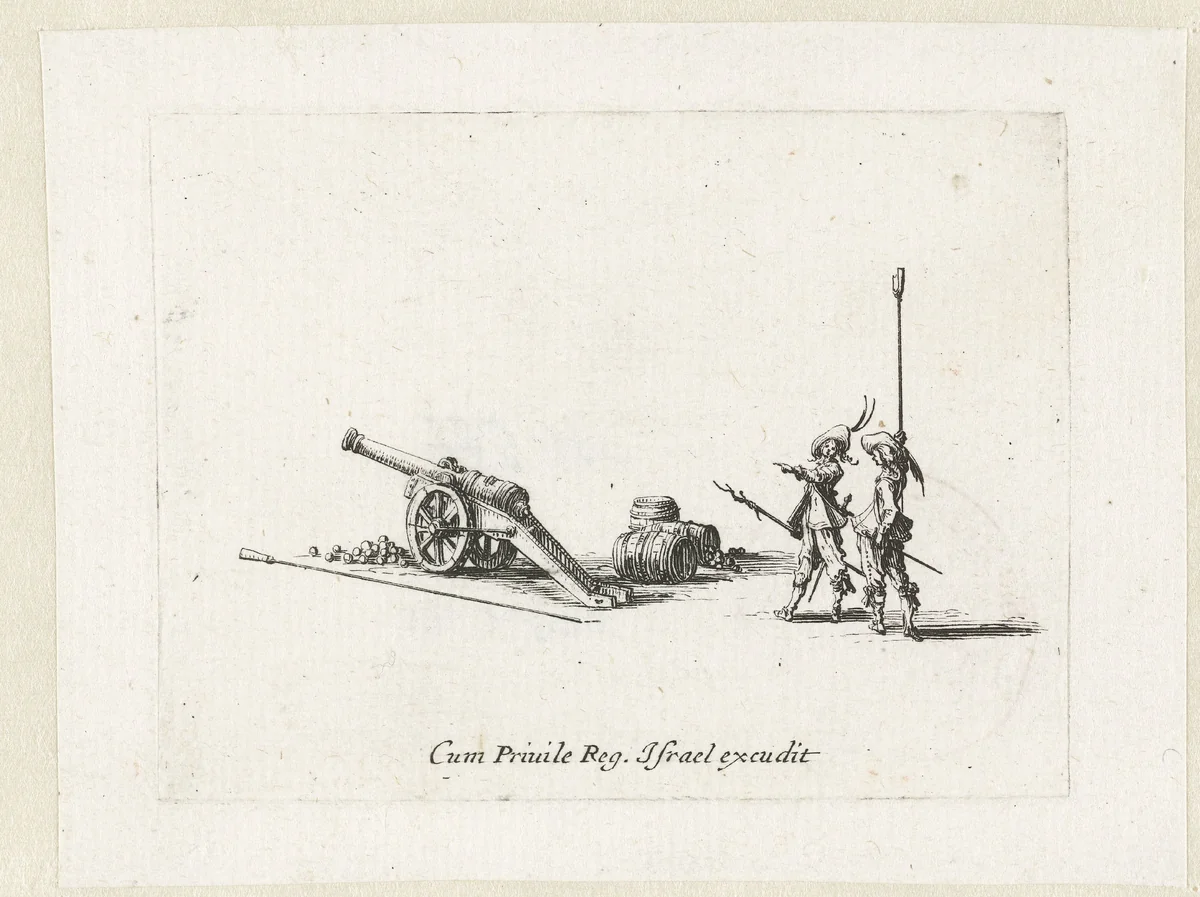 Exercities met een kanon: voorbereiding voor het afvuren van een kanon by Jacques Callot, print, 1635