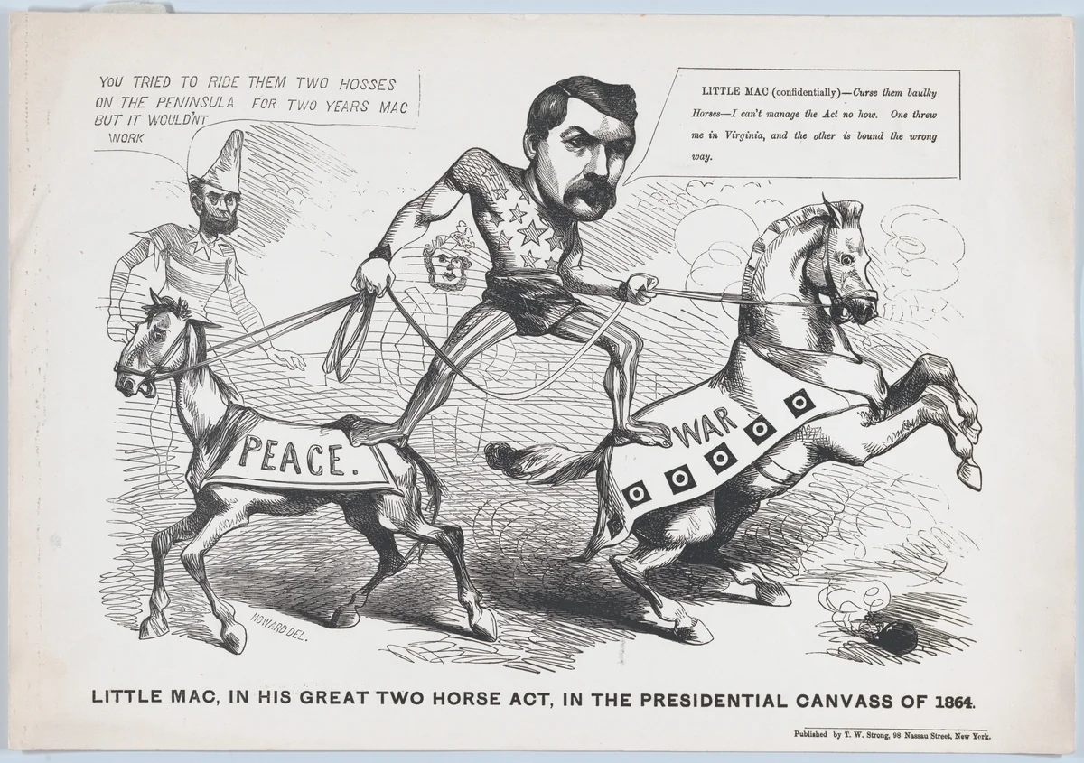 Little Mac, in His Great Two Horse Act, in the Presendential Canvass of 1864 by Justin H. Howard, print, 1864