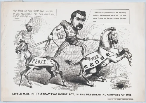 Little Mac, in His Great Two Horse Act, in the Presendential Canvass of 1864 by Justin H. Howard, print, 1864