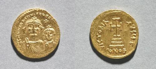 Solidus with Heraclius and his Son Heraclius Constantine by Unknown, metalwork, 616-625