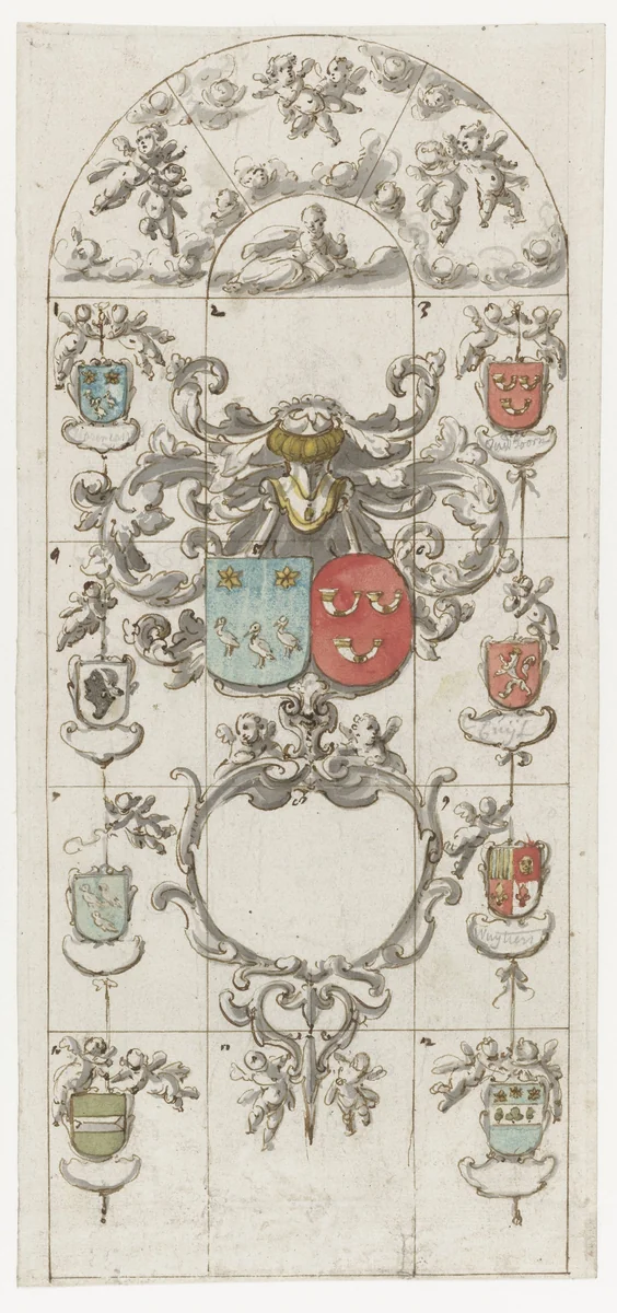 Ontwerp voor glasraam zes voor de kerk te Oudshoorn by Pieter Jansz, drawing, 1663-1667