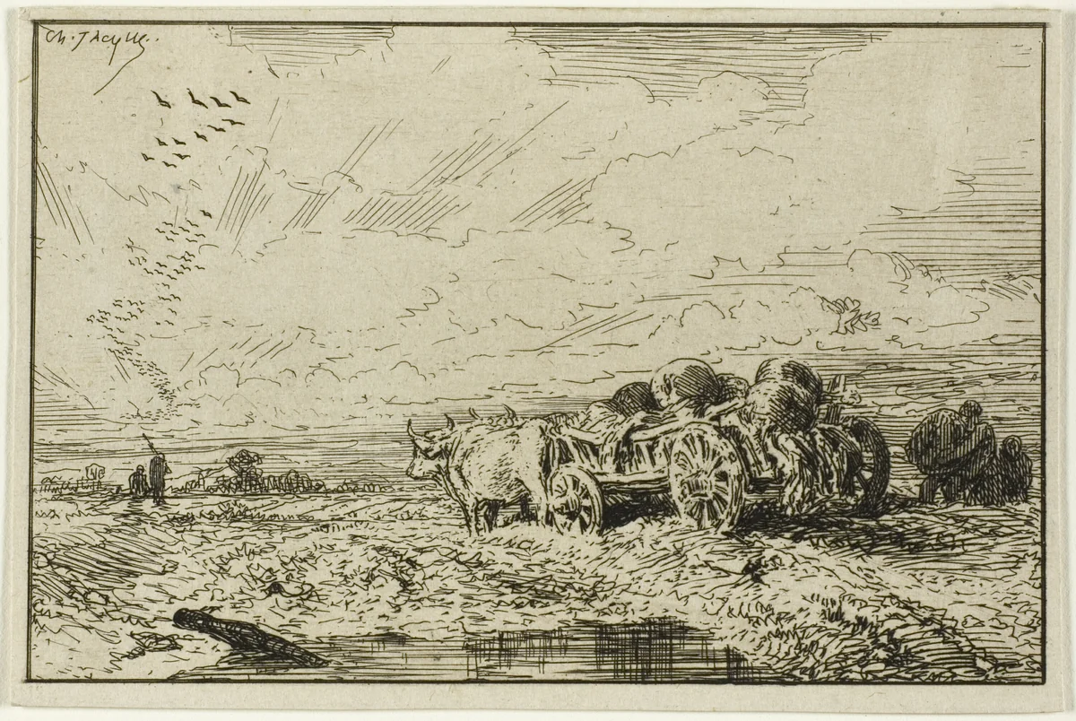 Landscape with Ox-Drawn Wagon by Charles-Émile Jacque, print, 1846