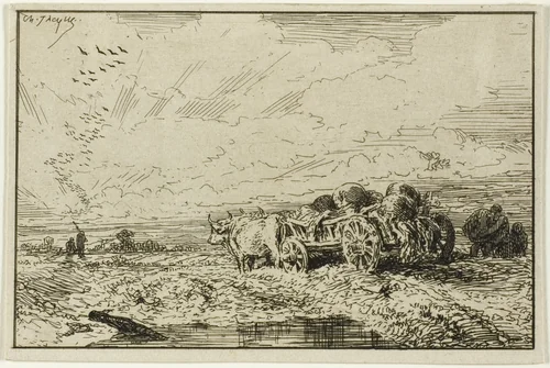 Landscape with Ox-Drawn Wagon by Charles-Émile Jacque, print, 1846