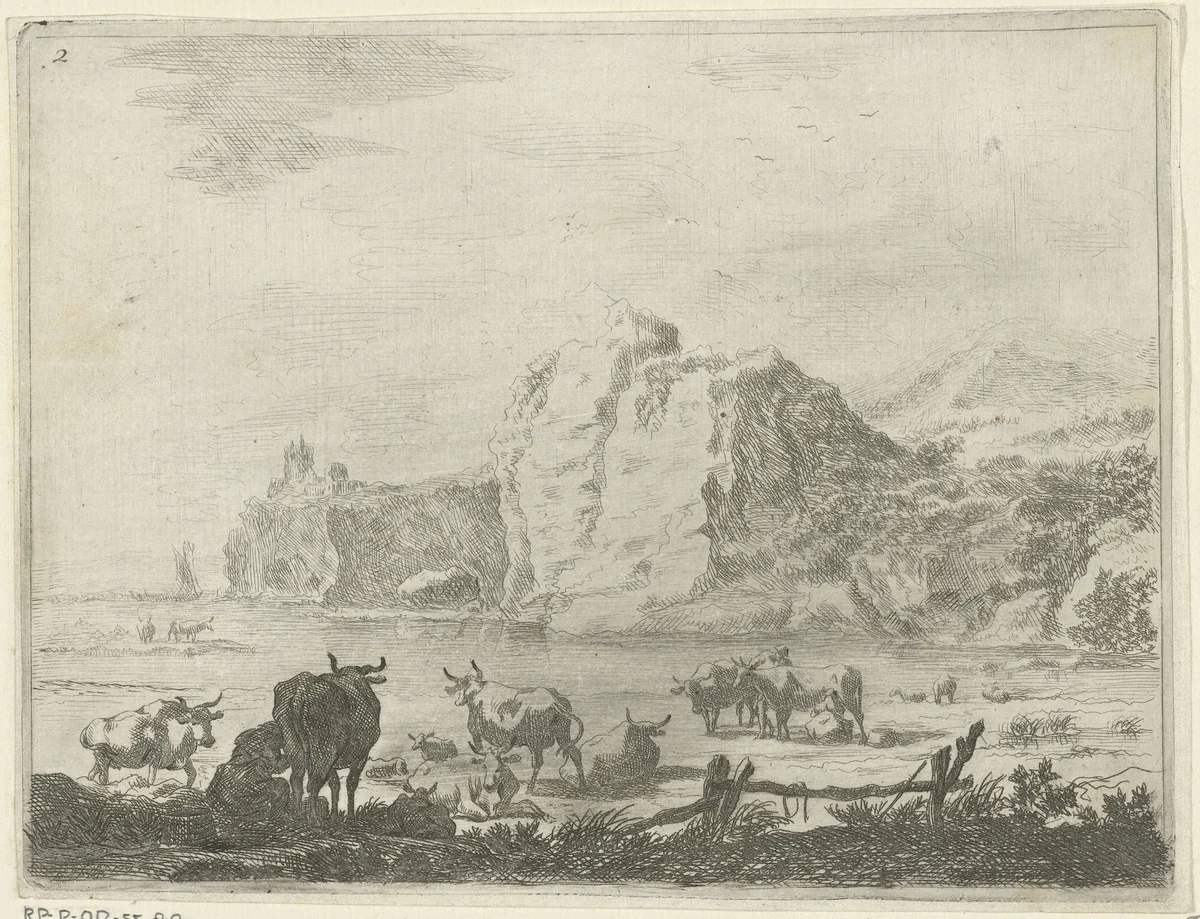Rivierlandschap met herders en koeien by Johannes Gronsveld, print, 1679-1728