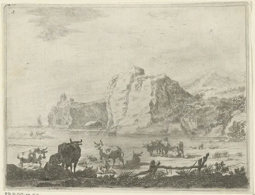 Rivierlandschap met herders en koeien by Johannes Gronsveld, print, 1679-1728
