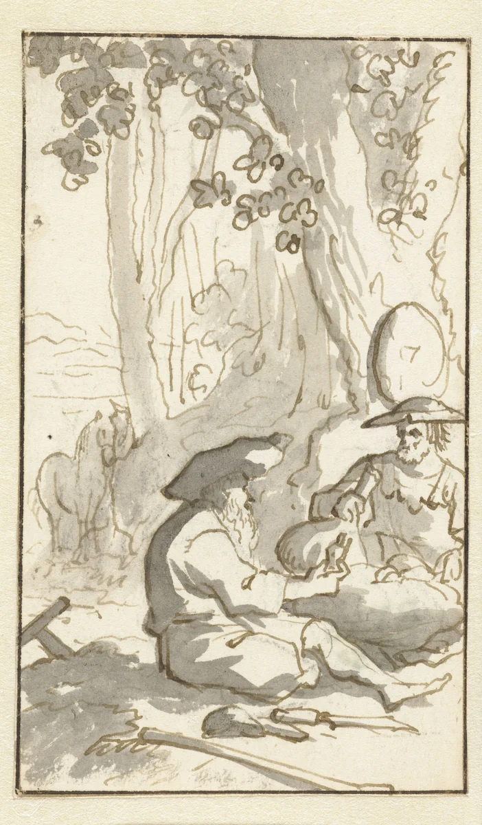 Don Quichotte wijn drinkend met een kluizenaar by Caspar Luyken, drawing, 1694-1696