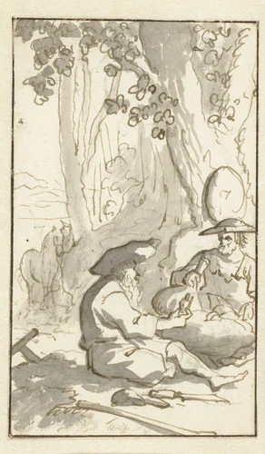 Don Quichotte wijn drinkend met een kluizenaar by Caspar Luyken, drawing, 1694-1696