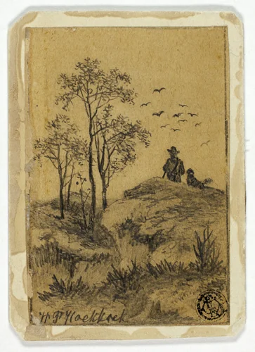 Hunter and Dog on Hill Watching Birds by Hendrik Pieter Koekkoek, drawing, 1877-1883