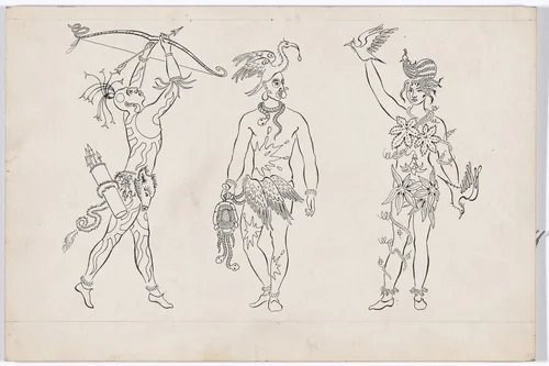Two Indian Men and One Indian Girl. Costume design for the ballet Pocahontas by Karl Free, drawing, 1936