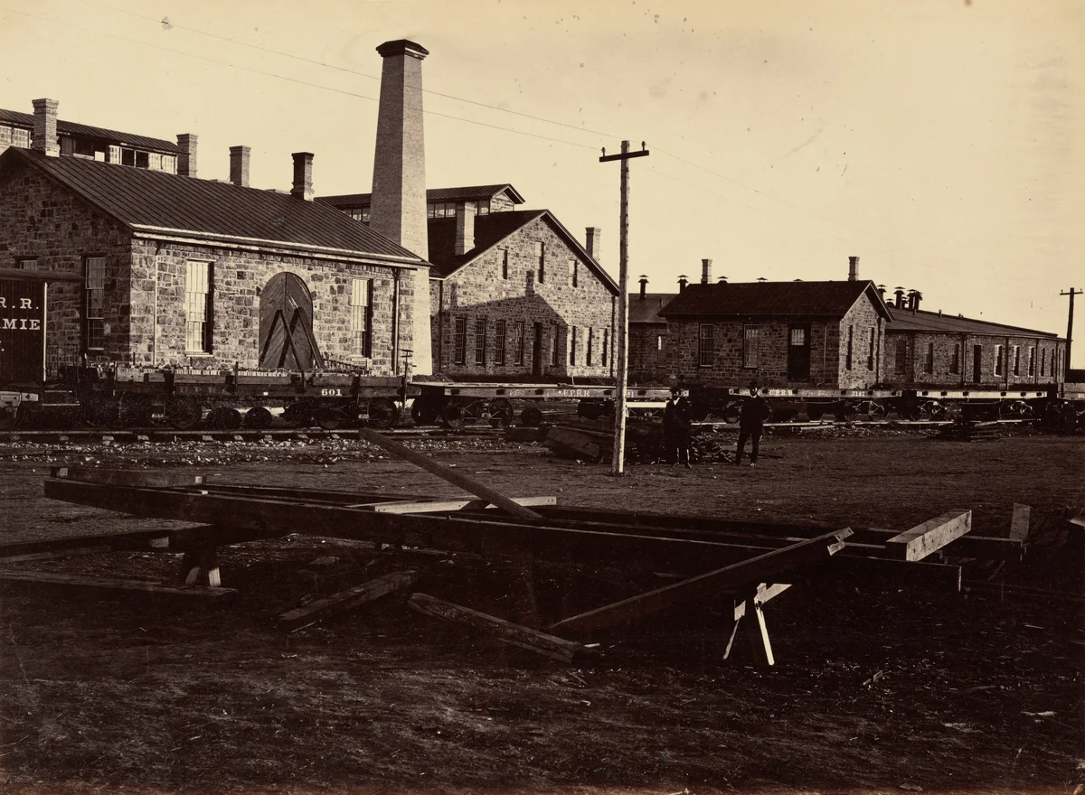 Plate 17. Laramie Machine Shops, from the Southwest by Andrew Joseph Russell, photograph, 1869