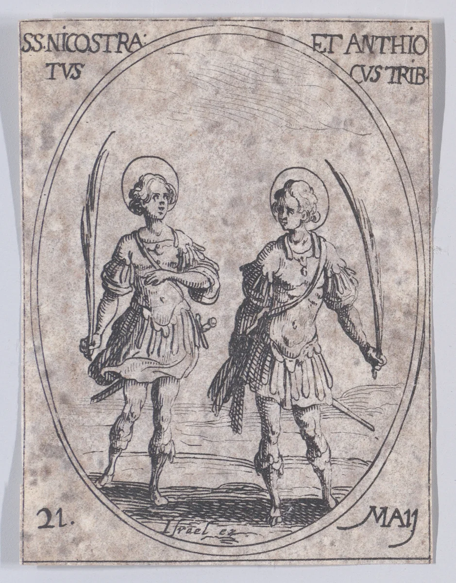 S. Nicotras et S. Antioches, tribuns (St. Nicostratus and St. Antiochus, Tribunes), May 21st, from "Les Images De Tous Les Saincts et Saintes de L'Année" (Images of All of the Saints and Religious Events of the Year) by Jacques Callot, print, 1636